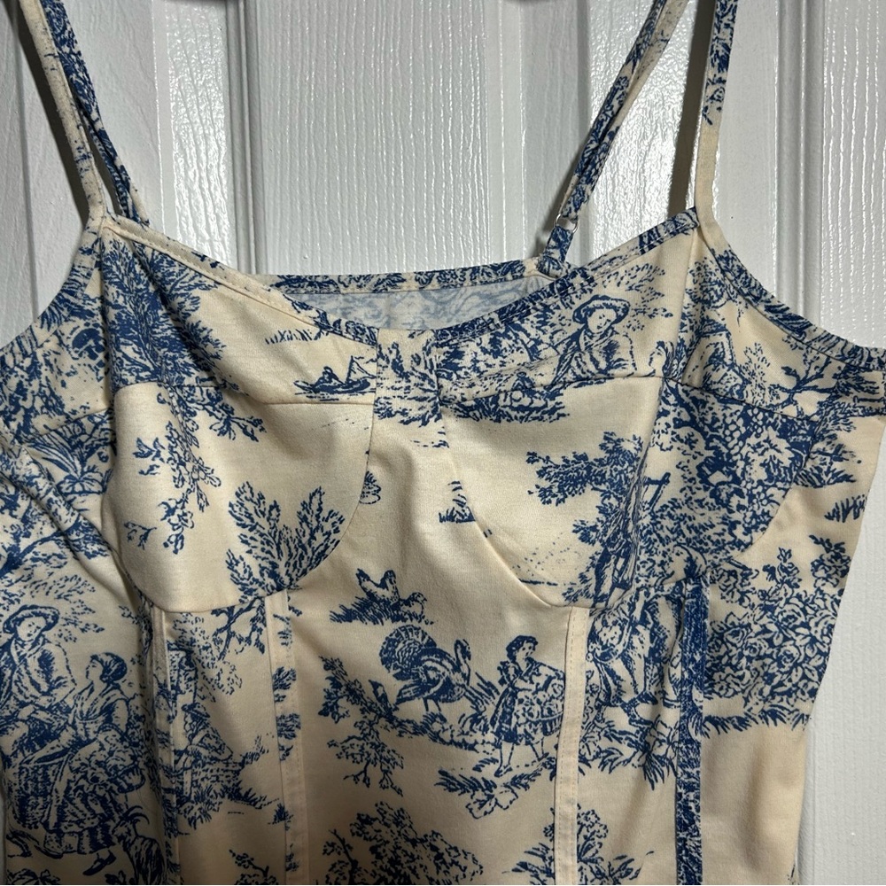 Cider Corset 1XL Bodysuit Toile Print Blue White Bustier Top Cottagecore - Picture 11 of 12